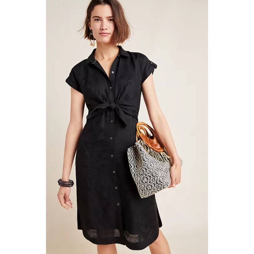 Anthropologie Kamryn Tie Front Shirtdress Size 8 Black Linen Blend Size 0